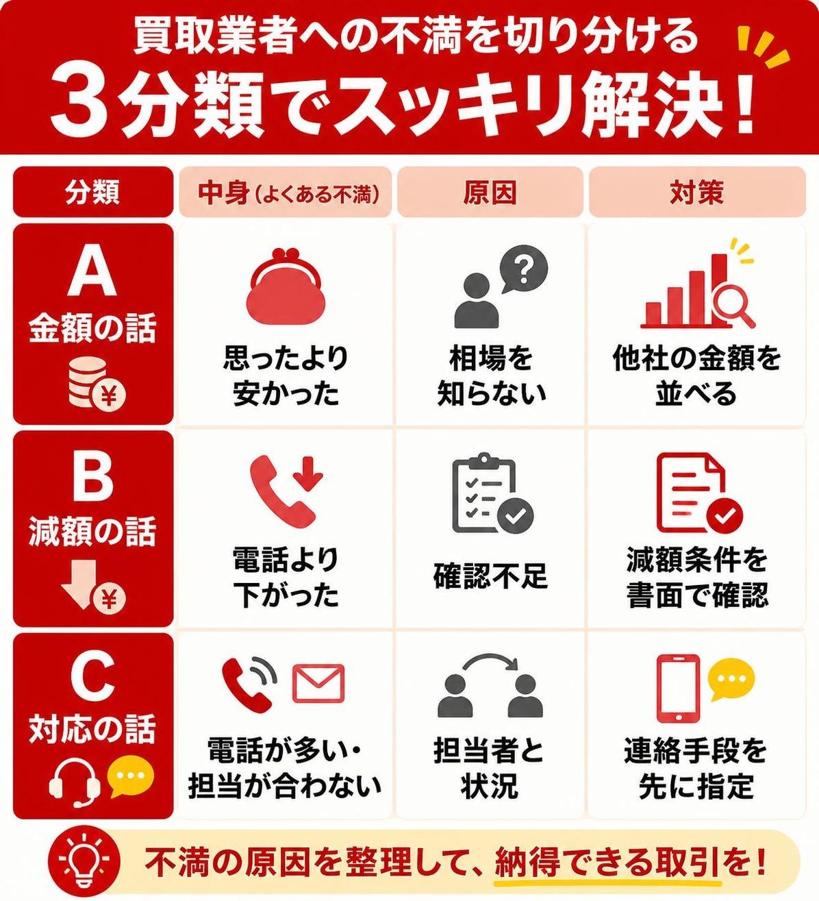 【比較表作成】買取業者への不満を切り分ける3分類。A金額の話: 中身=思ったより安かった, 原因=相場を知らない, 対策=他社の金額を並べる / B減額の話: 中身=電話より下がった, 原因=確認不足, 対策=減額条件を書面で確認 / C対応の話: 中身=電話が多い・担当が合わない, 原因=担当者と状況, 対策=連絡手段を先に指定