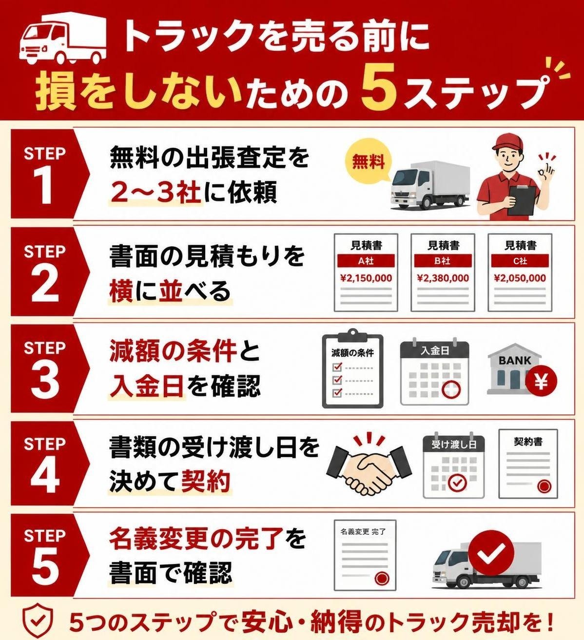 【ステップ作成】トラックを売る前に損をしないための5ステップ:無料の出張査定を2〜3社に依頼→書面の見積もりを横に並べる→減額の条件と入金日を確認→書類の受け渡し日を決めて契約→名義変更の完了を書面で確認