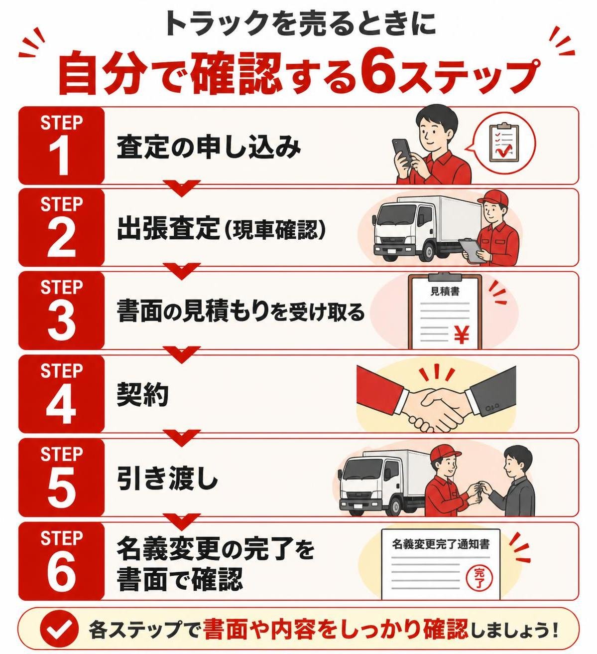 【ステップ作成】トラックを売るときに自分で確認する6ステップ:査定の申し込み→出張査定(現車確認)→書面の見積もりを受け取る→契約→引き渡し→名義変更の完了を書面で確認