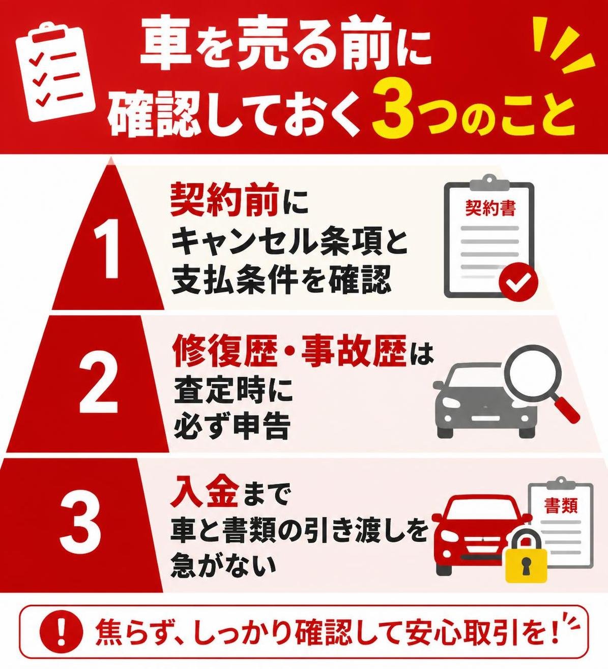 【ピラミッド作成】車を売る前に確認しておく3つのこと。上から:契約前にキャンセル条項と支払条件を確認 / 修復歴・事故歴は査定時に必ず申告 / 入金まで車と書類の引き渡しを急がない