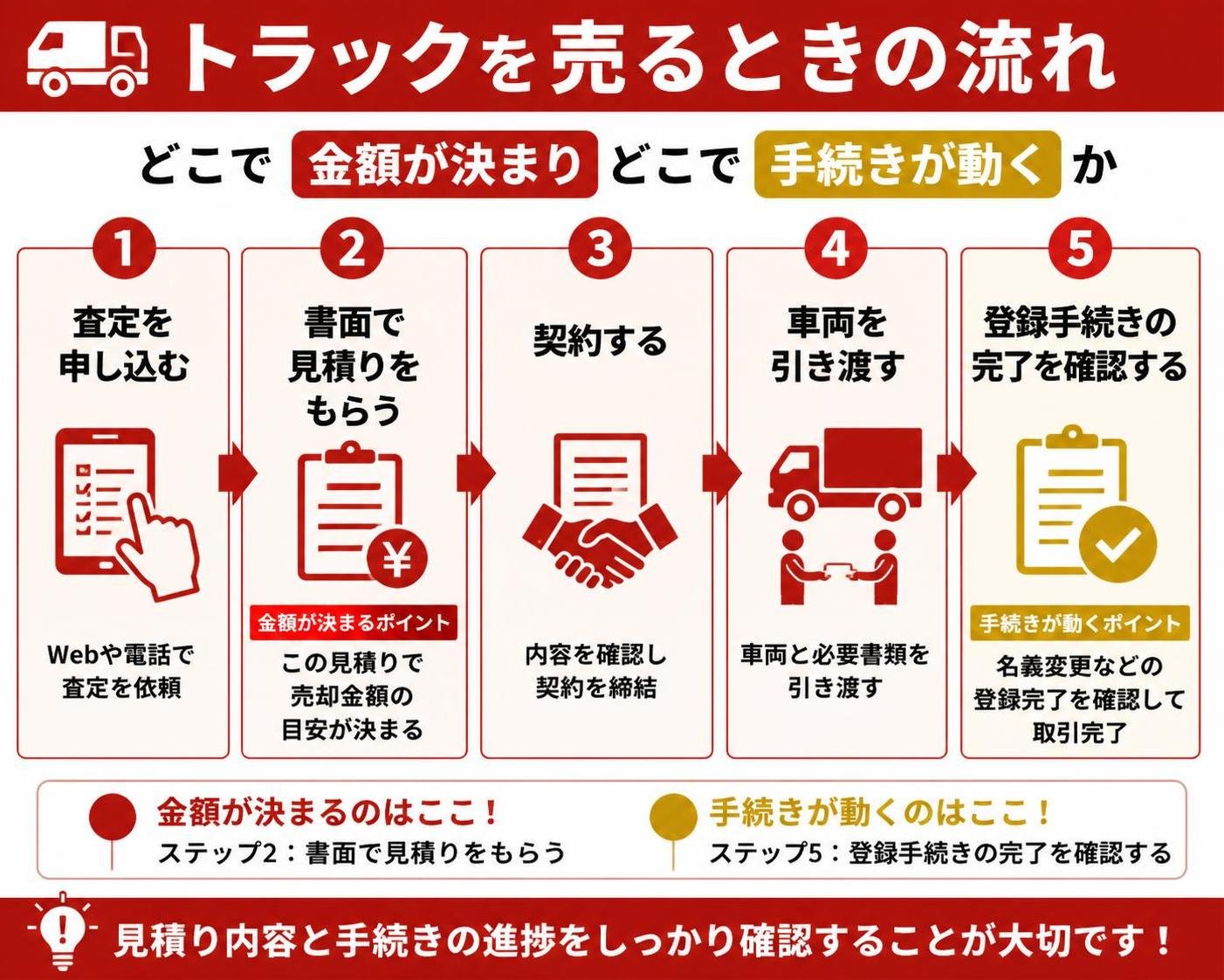 【ステップ作成】トラックを売るときの流れ どこで金額が決まり どこで手続きが動くか:査定を申し込む→書面で見積りをもらう→契約する→車両を引き渡す→登録手続きの完了を確認する