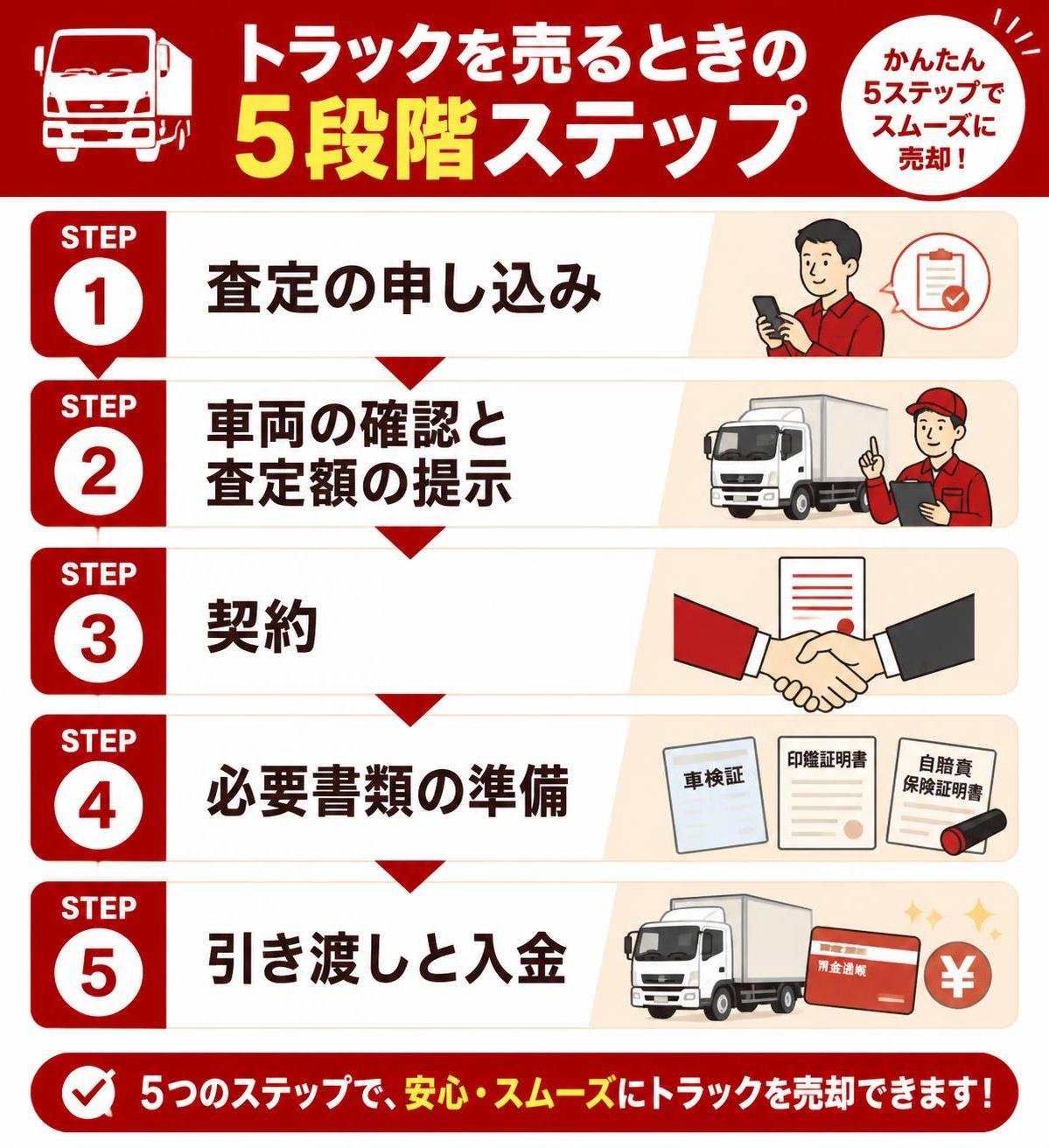 【ステップ作成】トラックを売るときの5段階:査定の申し込み→車両の確認と査定額の提示→契約→必要書類の準備→引き渡しと入金