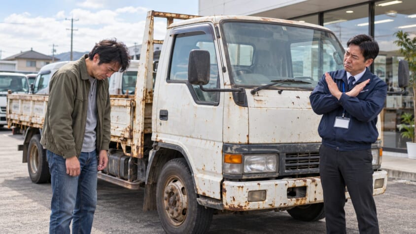 トラックを扱う専門業者に見せる｜郊外の中古車店の前で古い2tトラックを前に、店員に首を振られて肩を落とす男性