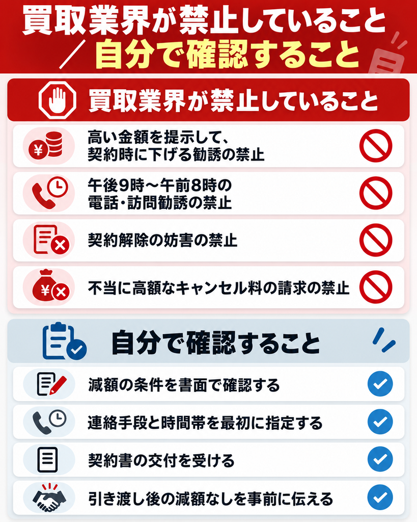 【メリデメ作成】買取業界が禁止していること／それでも自分で確認すること。高い金額を提示して契約時に下げる勧誘の禁止 / 午後9時から午前8時の電話・訪問勧誘の禁止 / 契約解除の妨害の禁止 / 不当に高額なキャンセル料の請求の禁止 // 確認すること:減額の条件を書面で確認する / 連絡手段と時間帯を最初に指定する / 契約書の交付を受ける / 引き渡し後の減額なしを事前に伝える
