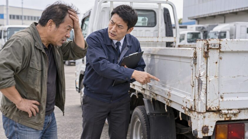 査定額の減額を告げられる場面。トラックの荷台まわりを確認する屋外で査定士と持ち主の男性2人が険しい表情で話す