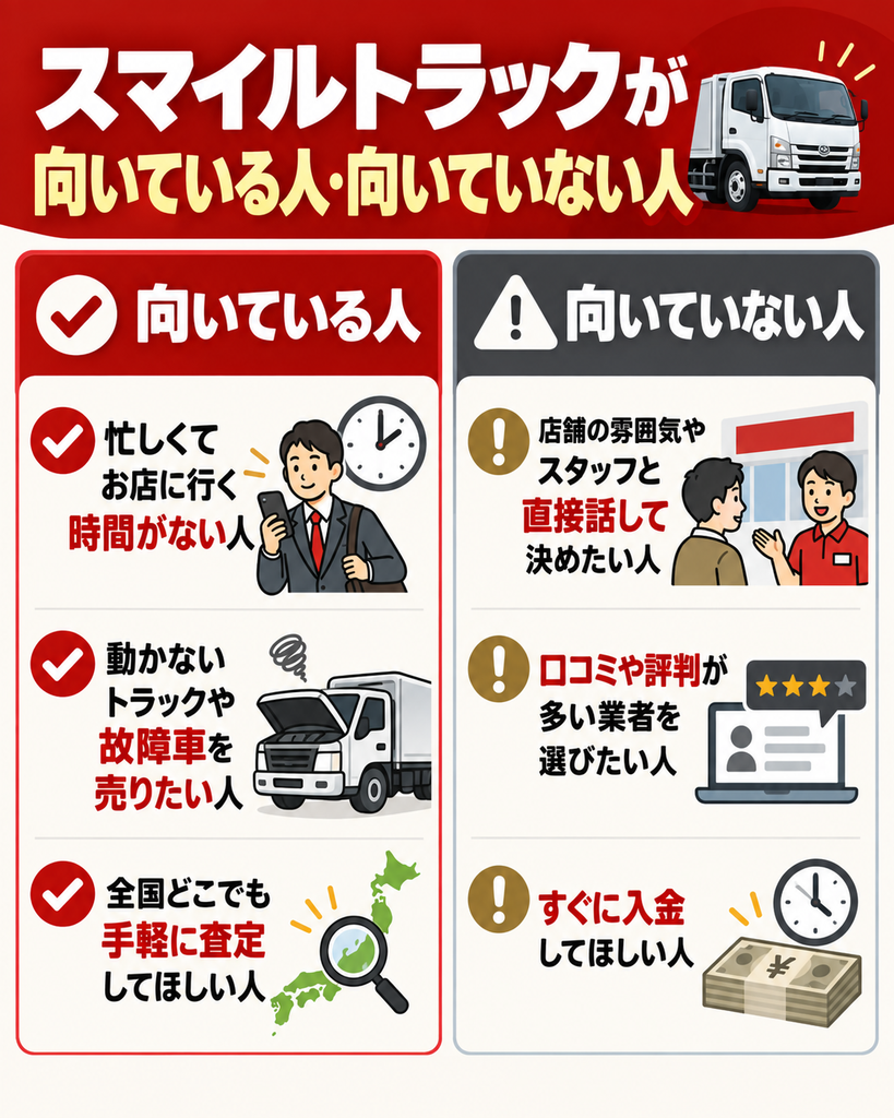 【メリデメ作成】スマイルトラックが向いている人:忙しくてお店に行く時間がない人 / 動かないトラックや故障車を売りたい人/ 全国どこでも手軽に査定してほしい人 // 向いていない人:店舗の雰囲気やスタッフと直接話して決めたい人/ 口コミや評判が多い業者を選びたい人 / すぐに入金してほしい人