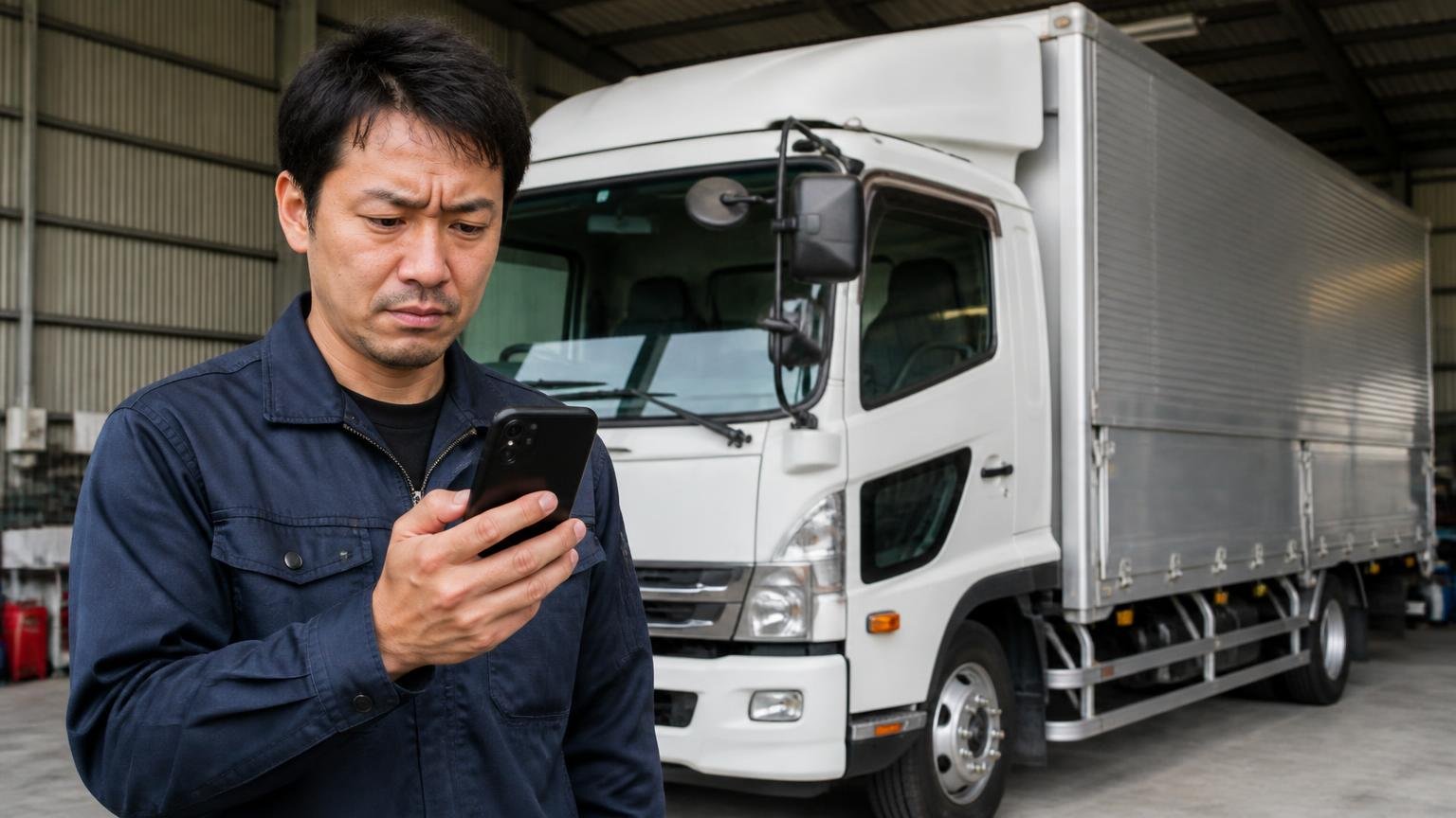 Googleマップの口コミを実際に数えたら5件だった。車庫に停めた4tウイングの前で、男性1人がスマホの口コミ画面を見て眉をひそめる