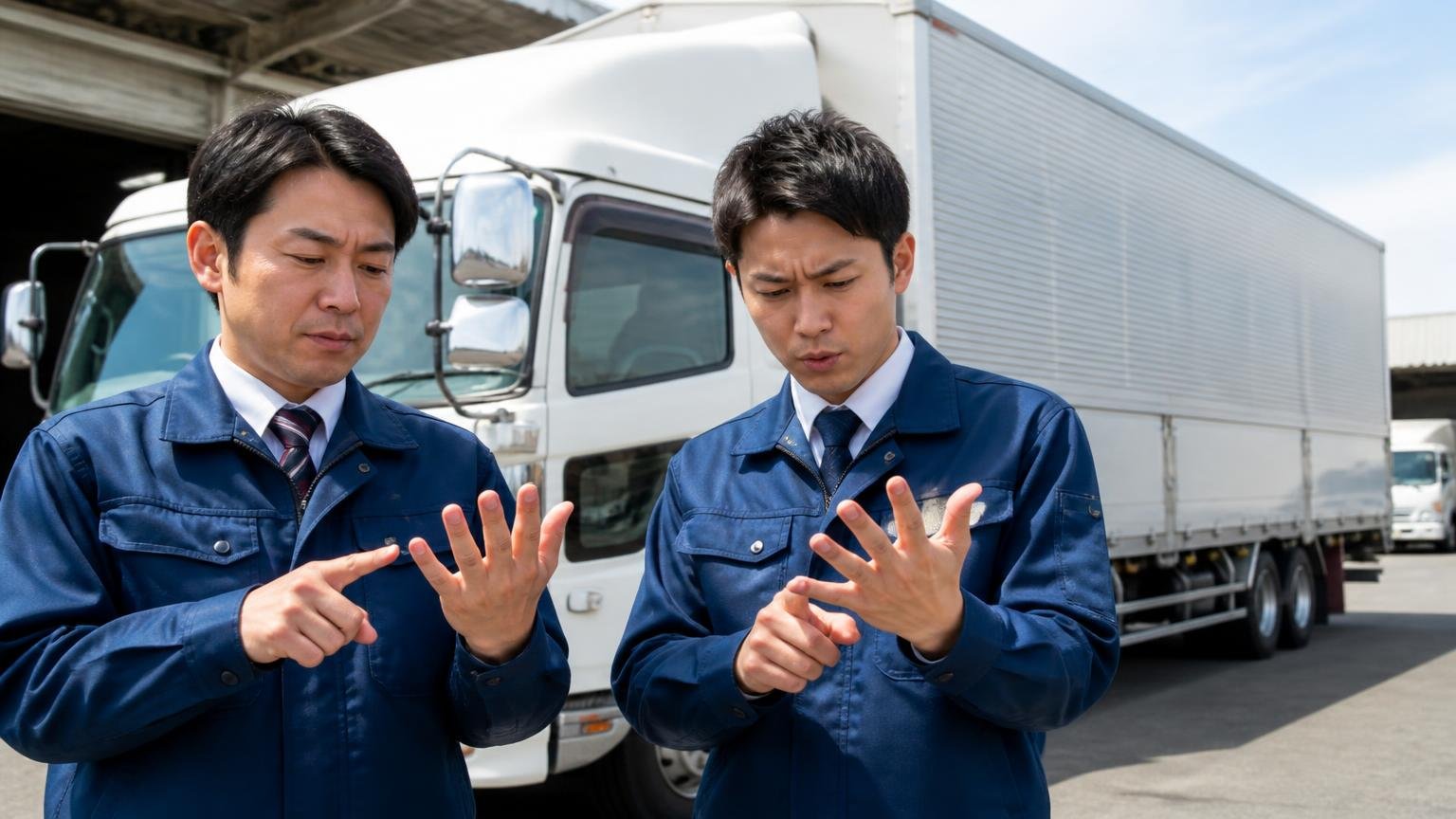 朝日自動車が向いている人の条件を営業所の車庫に停まった4tウイングの前で確認する運送会社の担当者2人が指を折って数える場面