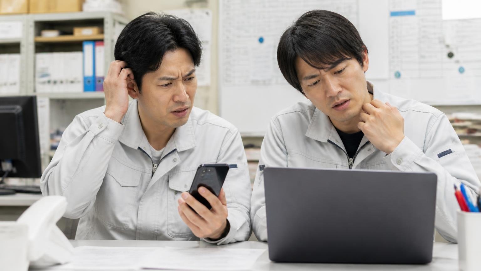 媒体で評価が割れる 運送会社の事務所でスマホとパソコンの口コミ画面を見比べる作業着の男性2人 首をかしげて戸惑う