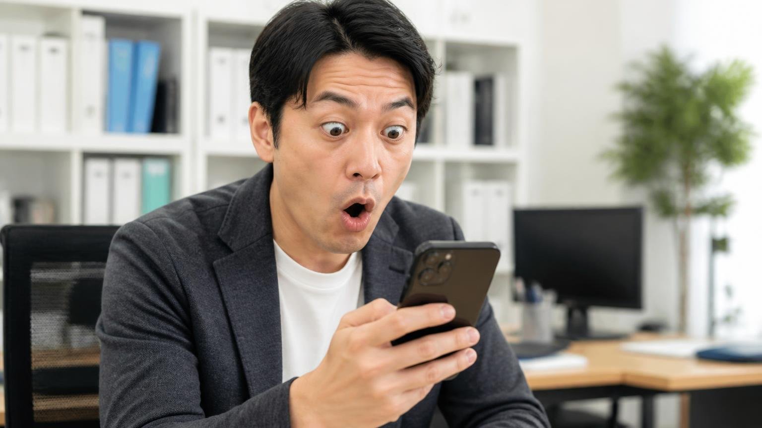 ★1と★2は0件。悪い口コミは見つからなかった。事務所でスマホの口コミ画面を見る40代男性が眉を上げて驚く場面