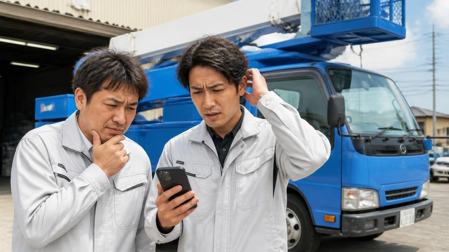 3つの口コミサイトで点数が違う理由 営業所の車庫に停まった高所作業車の前でスマホの口コミ画面を見比べる男性2人が眉をひそめる