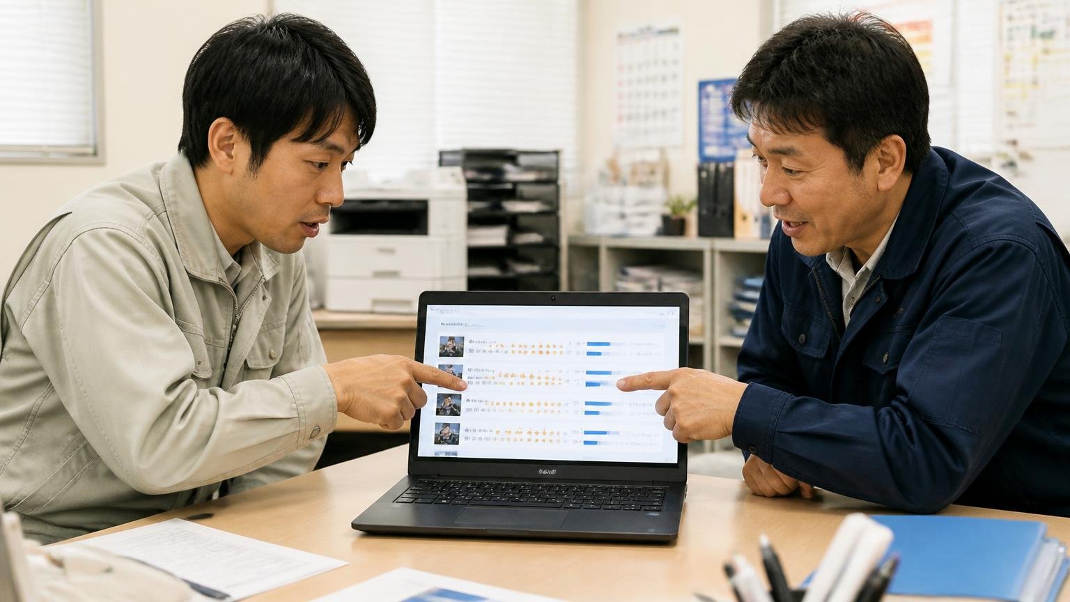 掲載媒体ごとの★と件数を並べてみる 営業所の事務所でノートパソコンに口コミサイトを並べて表示し2人が指をさして比べる場面
