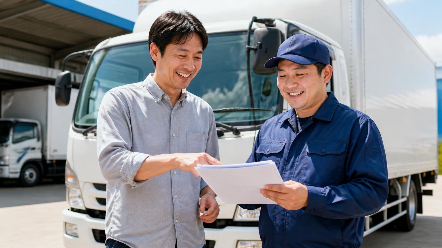 良い口コミ「安く借りられた」「親切で確実」。営業所の車庫に停まったトラックの前で、2人の男性が書類を見ながら笑顔で話す