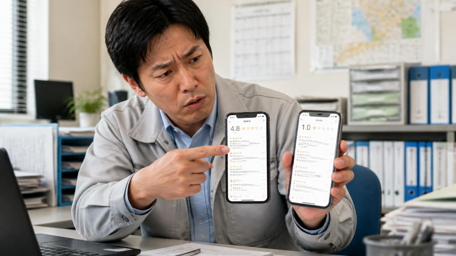 結論★4.8と★1.0どちらも本当だが測っているものが違う／営業所の事務所でスマホの口コミ画面を見比べる男性1人／眉をひそめて画面を指さす