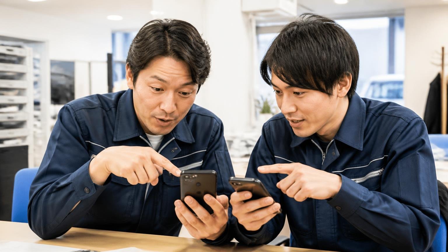 オーテックプラスは店舗が分かれている 営業所の事務所でスマホの口コミ画面を見比べる場面 男性2人 指をさして確認する表情