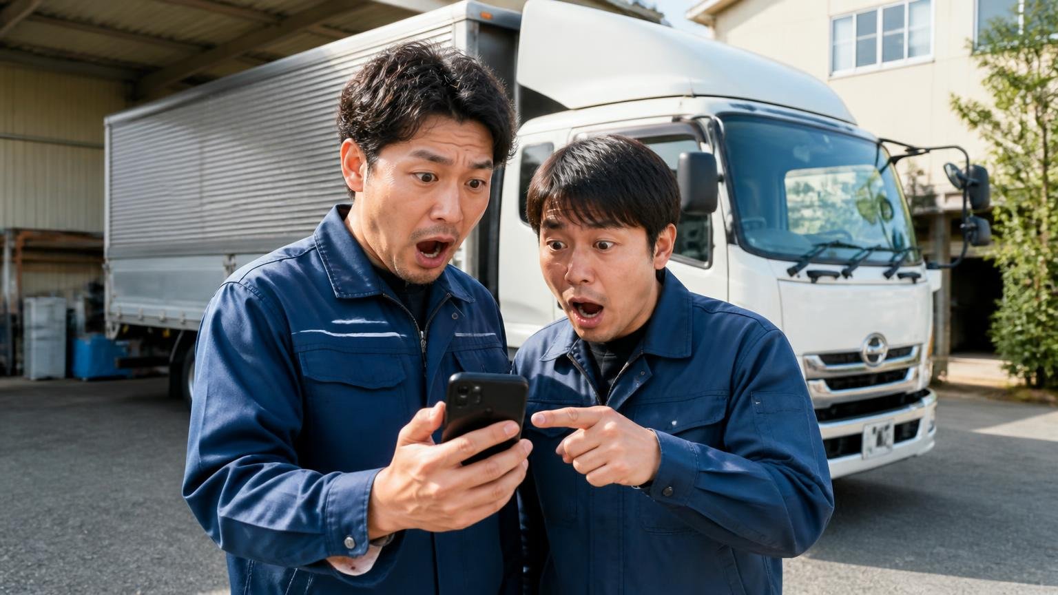 Google口コミは3件・営業所の車庫に停めた4tウイングの前でスマホを見せ合う男性2人が驚く表情