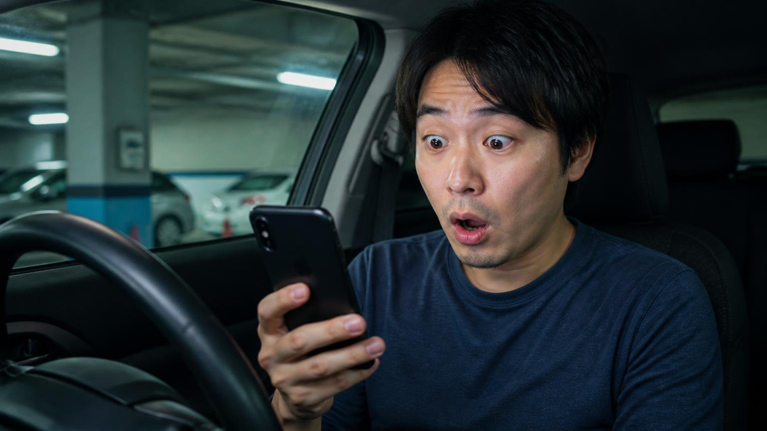 Googleの口コミは★4.3(11件)で本文があるのは3件だけ 夜の車庫の運転席で男性1人がスマホの画面を見て目を丸くする