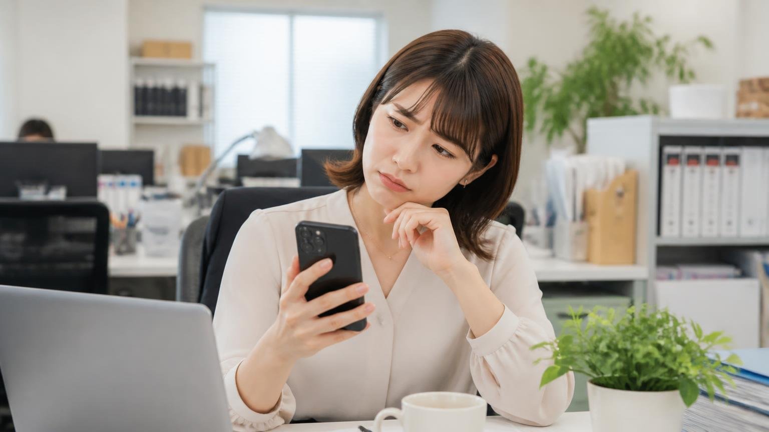 Googleマップの★は本社3.8・北関東支店4.2、本文つきは2件だけ 事務所でスマホの口コミ画面を見つめる女性1人、首をかしげる