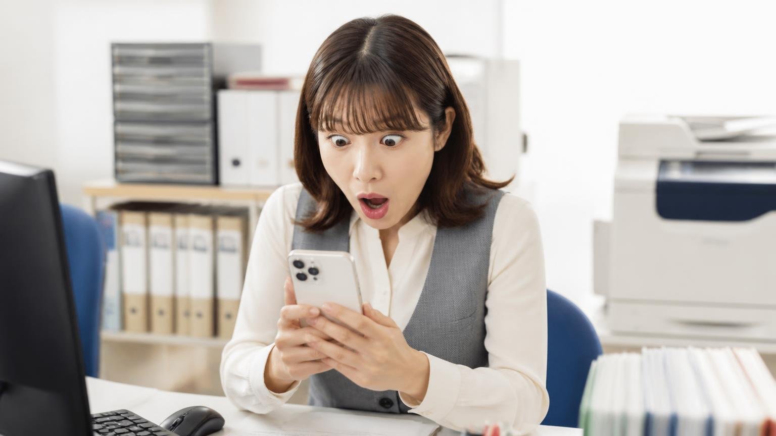 ★の内訳は★5が6件・★4が1件・★3が3件で、低評価は0件 事務所でスマホの口コミ画面を見つめる女性事務員1人が目を丸くする