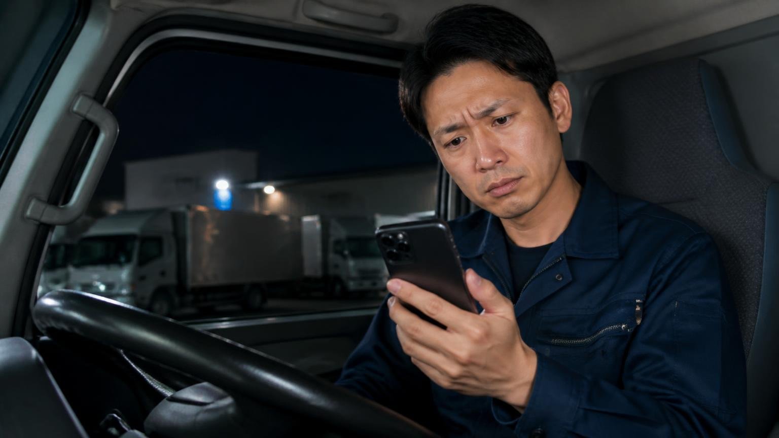 Googleの口コミは★5が2件・★2が1件、本文は0件 夜の車庫に停めた4tトラックの運転席でスマホの星評価を見つめる男性ドライバー1人、首をかしげる