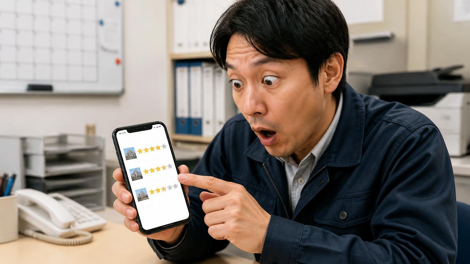 店舗別の★と件数|草加店4.1・本社工場3.8・前橋店3.3 事務所の机でスマホの星評価を見比べる男性1人が目を丸くして驚く