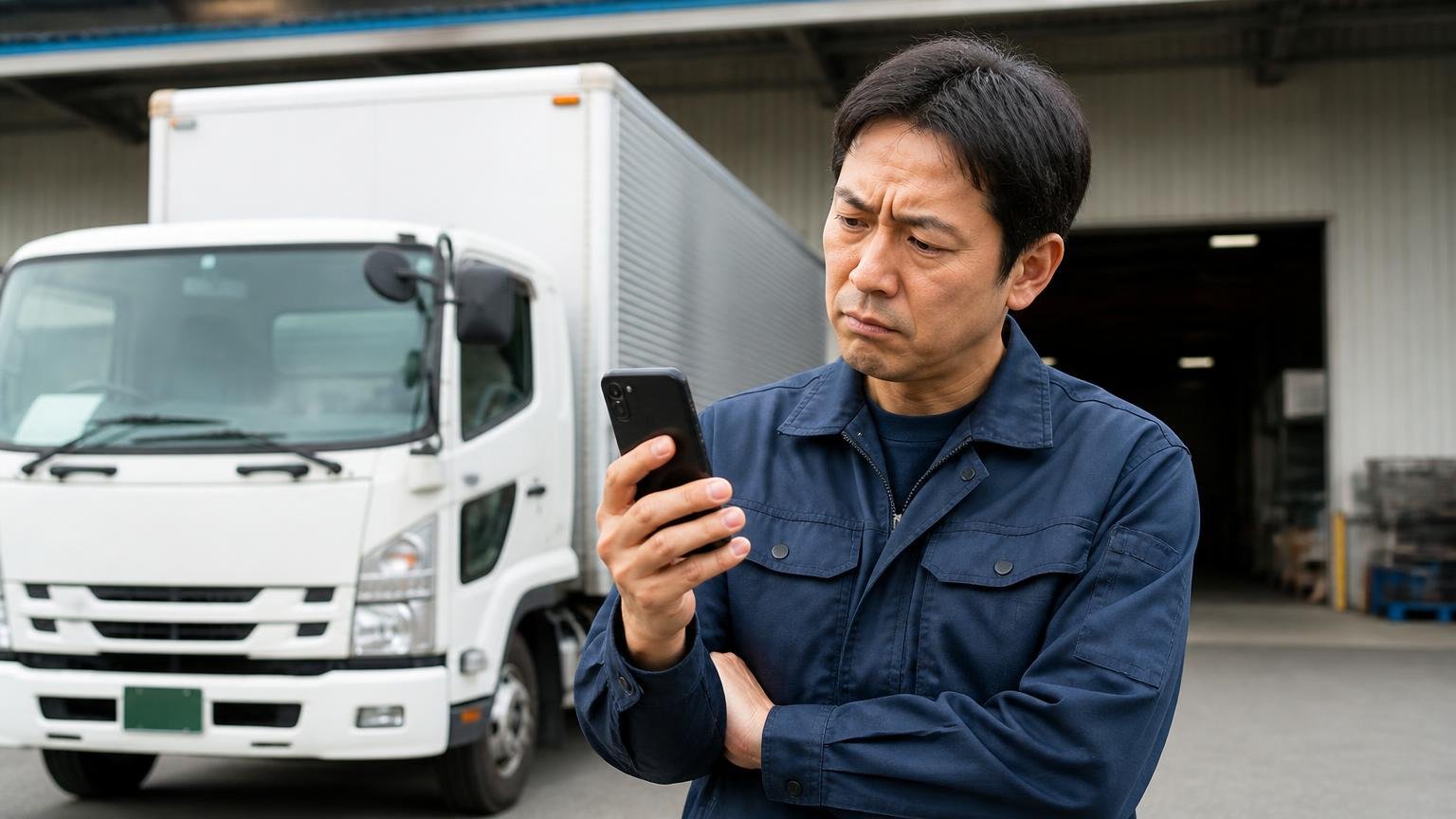 総合評価は★の平均より誰が書いたかで読む、営業所の車庫に停まった4tトラックの前、男性1人がスマホの口コミ画面を見て眉をひそめる