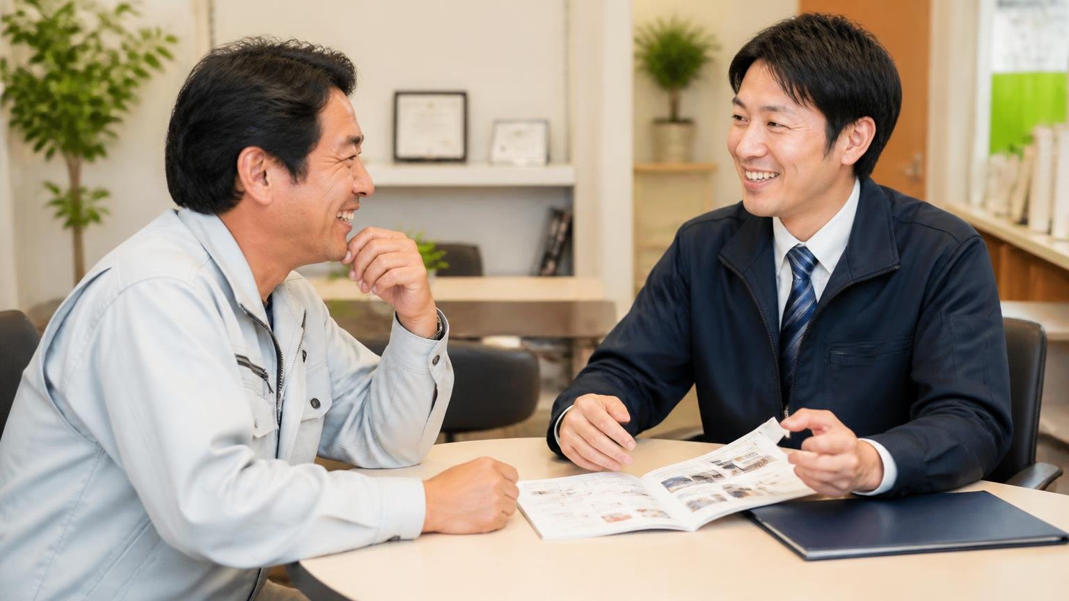 良い口コミは「親切に相談に乗ってくれる」という声。営業所の商談席で作業着の男性客1人とスタッフ1人が笑顔で話し込む