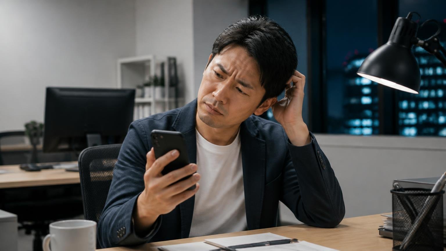 Googleクチコミは★3.8・22件、文章があるのは2件だけ 夜の事務所でスマホの口コミ画面を見つめる男性1人、首をかしげている