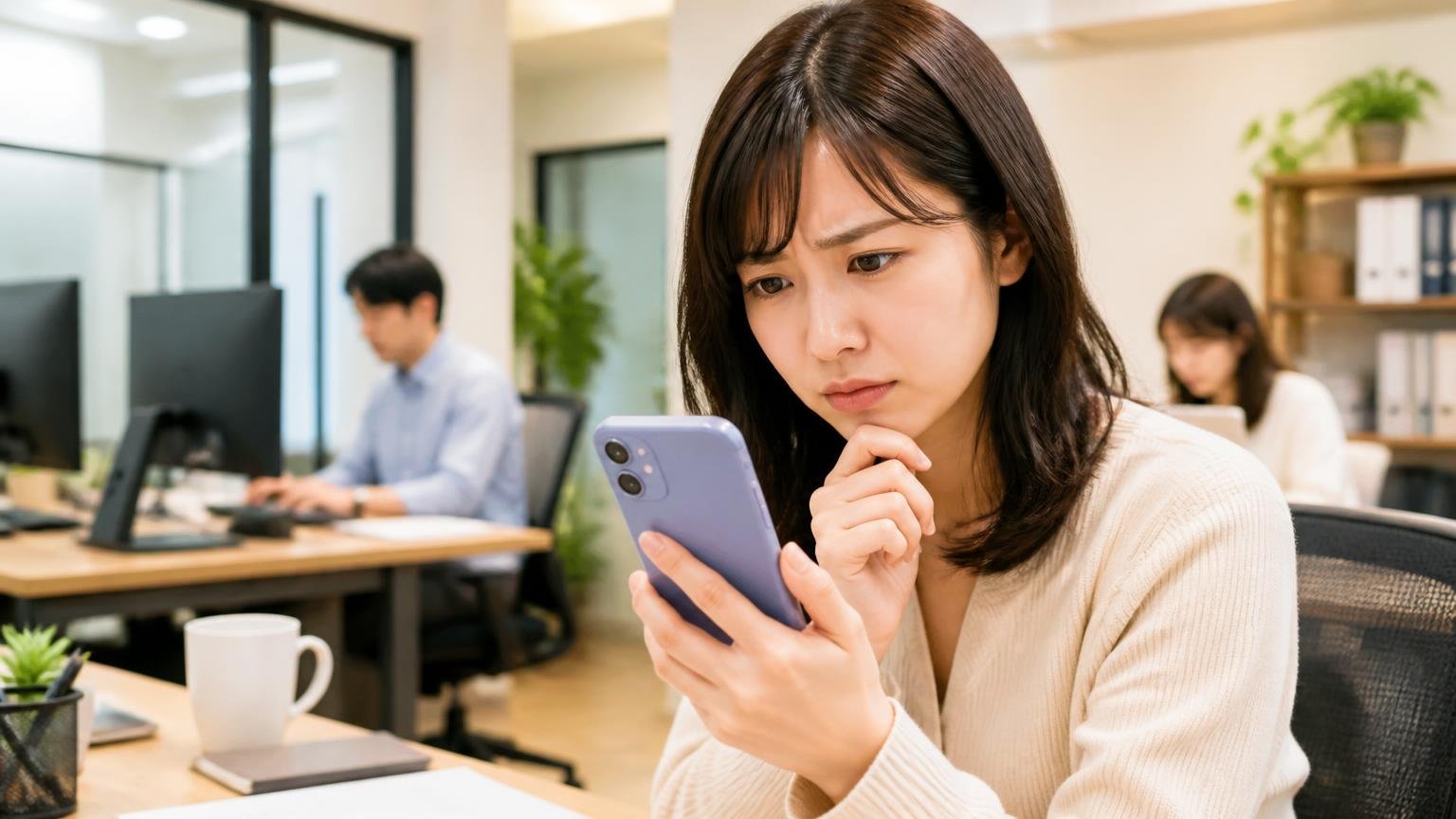 Googleマップ本社の口コミ9件の内訳|★5が3件、★1が1件、本文があるのは2件、事務所でスマホの口コミ画面を見つめる女性1人が眉を寄せる