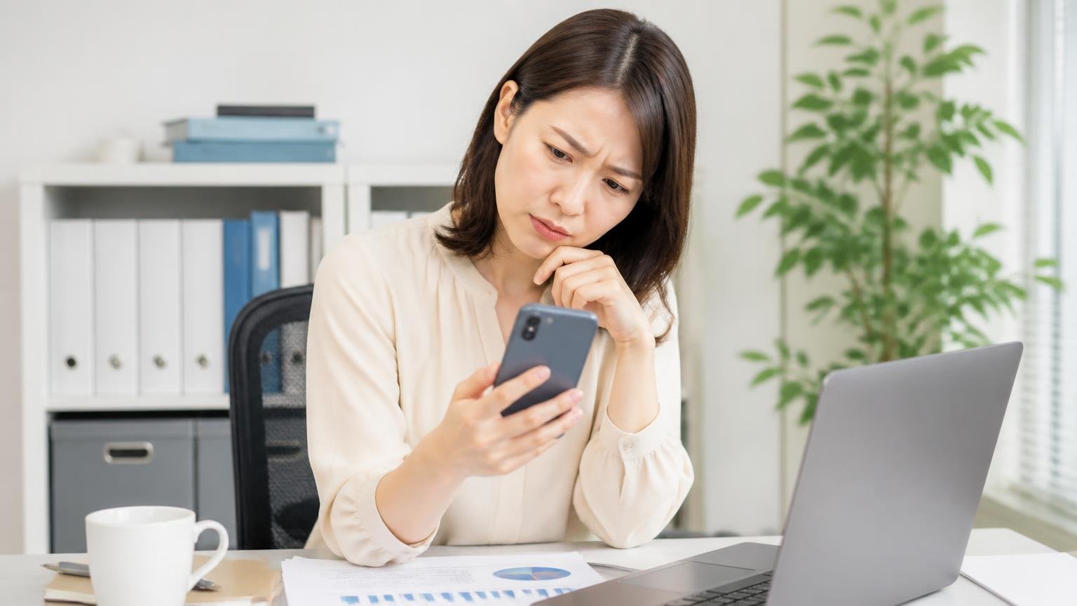 Google口コミは4件・本文付きは1件、事務所でスマホの口コミ画面を見る30代女性1人、首をかしげる