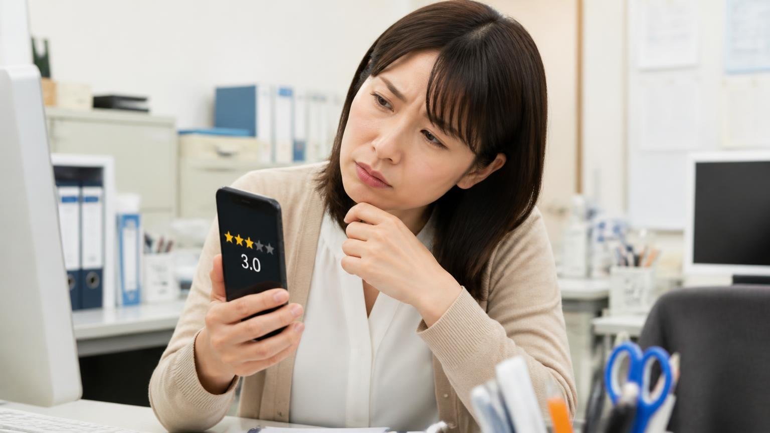 ★3.0の内訳は「★5が1件・★1が1件」の平均にすぎない。営業所の事務机でスマホの★3.0の表示を見つめる事務担当の女性1人が首をかしげる