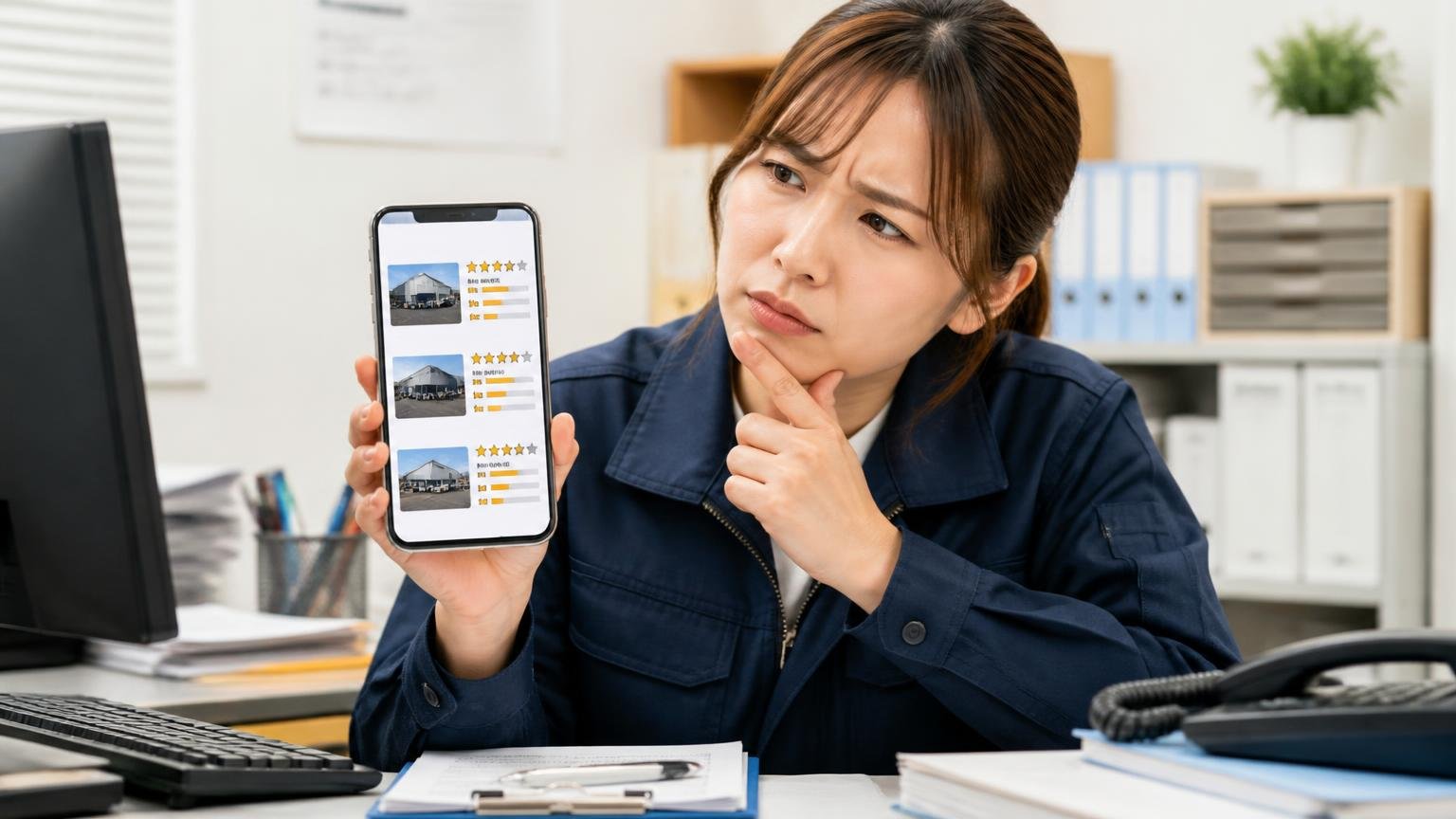 本社4.0・志和工場3.8・展示場2.5。3拠点の★と件数の内訳。事務所でスマホの口コミ画面を見比べる運送会社の事務担当1人、首をかしげる