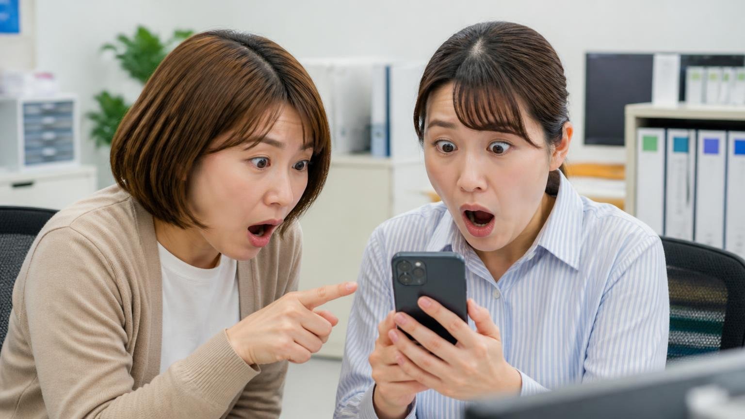 結論：本社★1.0の中身は「路上・現場の出来事」で、売った人の声は1件もない 事務所でスマホの口コミ画面を見せ合う事務員2人が目を丸くする