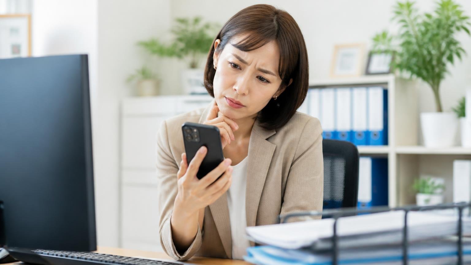 ★4.2〜4.4の裏側にある本文あり7件・売った人0件という事実|事務所でスマホの口コミ画面を見つめる30代女性1人が首をかしげる