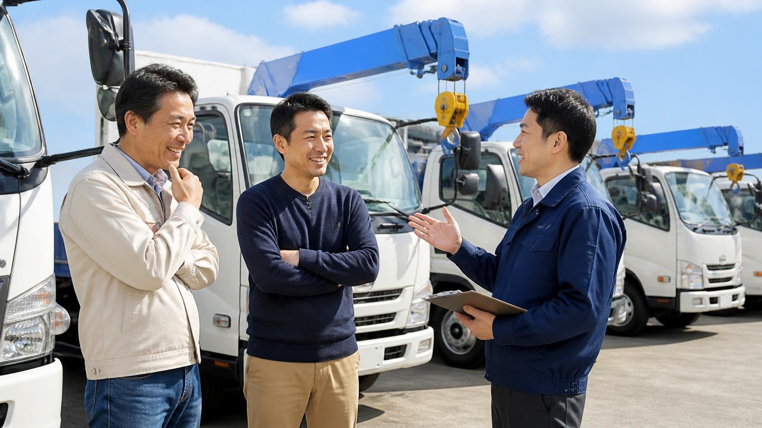 良い口コミは「対応」「店舗」「在庫」の3系統｜買取の話は1件も出てこない。クレーン付きトラックが並ぶ展示場で、来店した男性2人が笑顔で説明を聞く