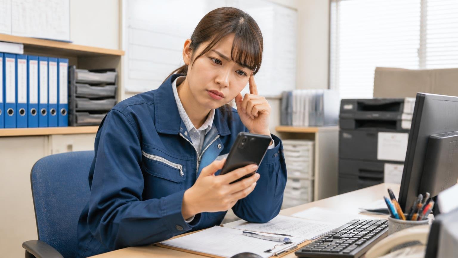 Googleマップ★4.0(45件)の内訳|本文がある口コミは13件だけ 運送会社の事務所でスマホの口コミ画面を見つめる事務担当1人が首をかしげる