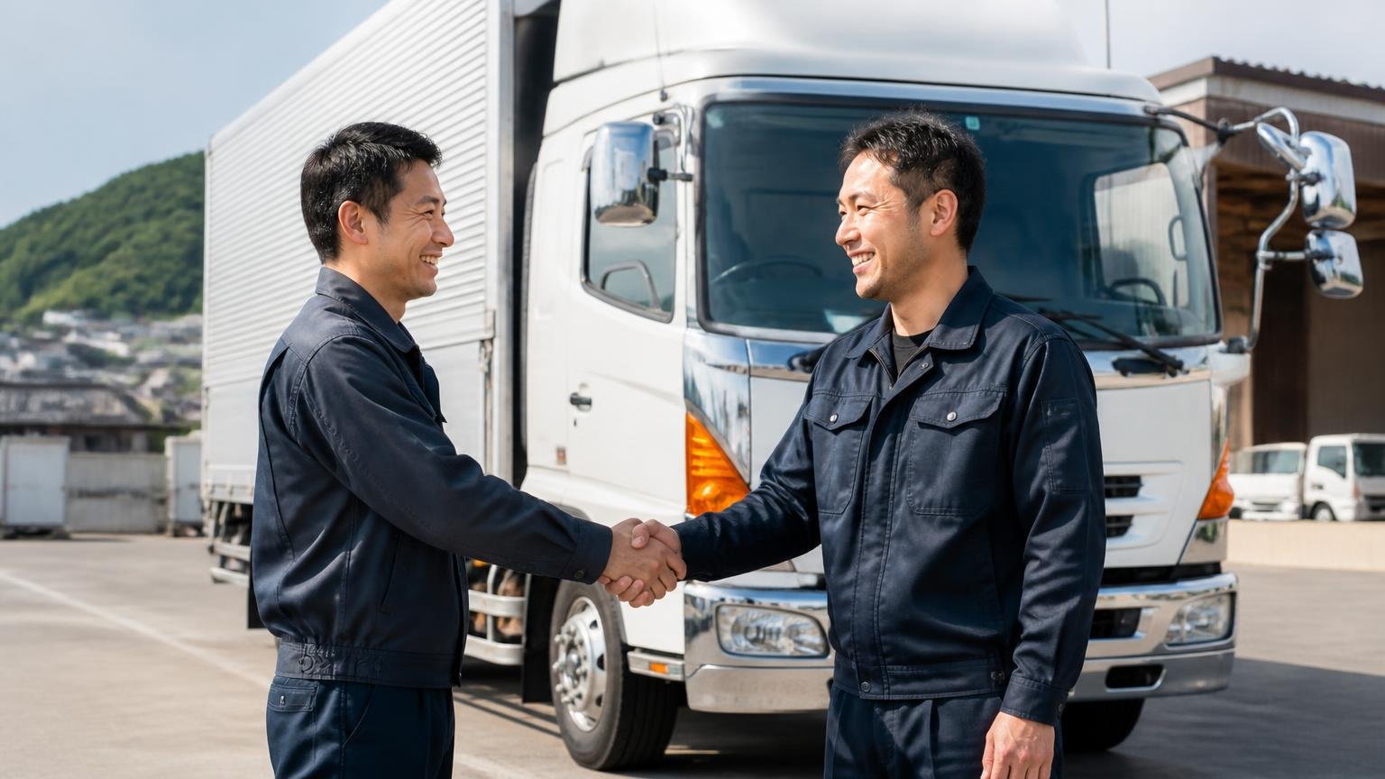 西九州グループが向いている人、佐世保の車庫に停まった4tウイングの前で男性2人が笑顔で握手