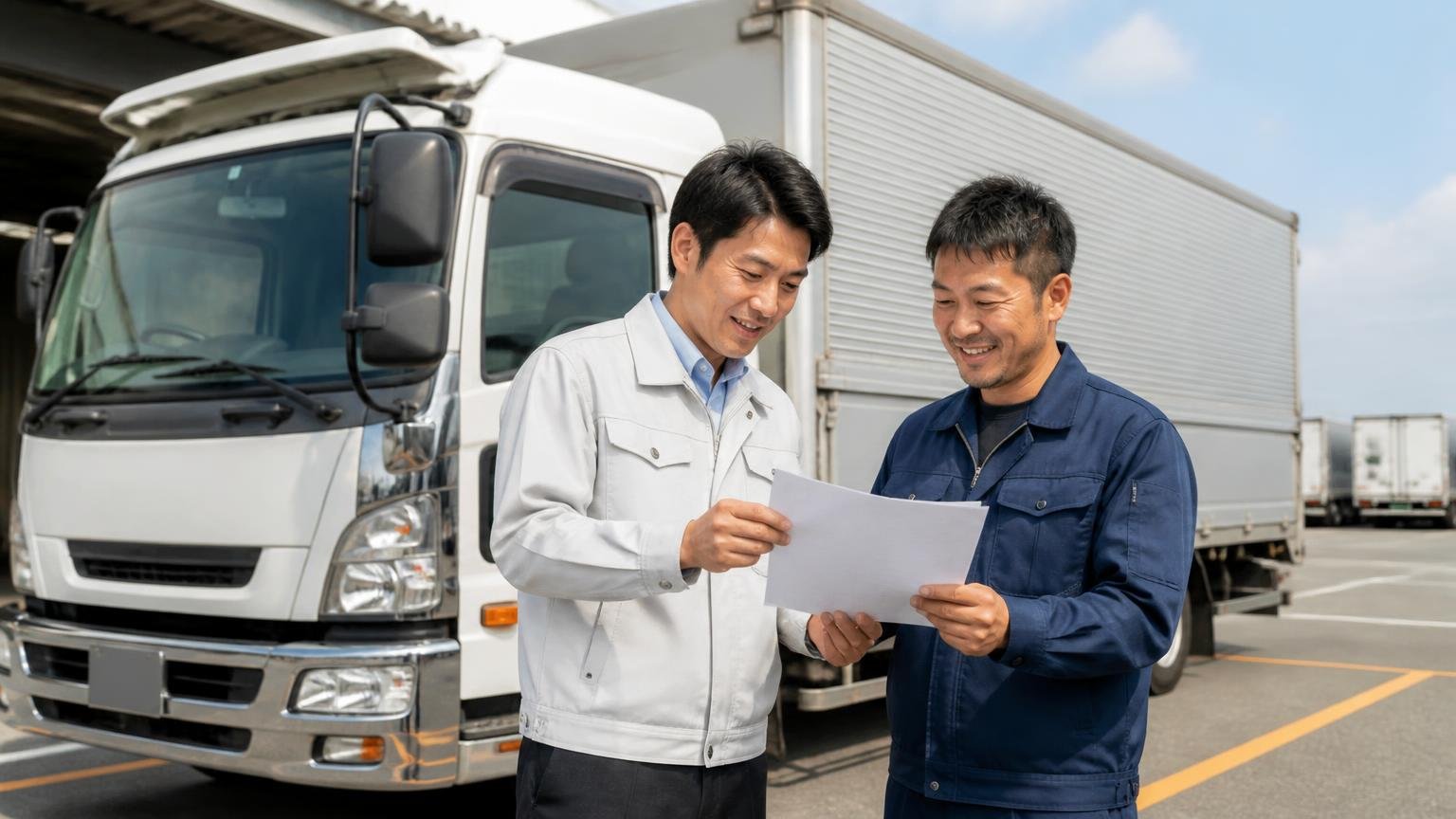 トラックバンクが向いている人 営業所の車庫に停まった4tウイングの前で見積書を見比べる男性2人が納得の表情