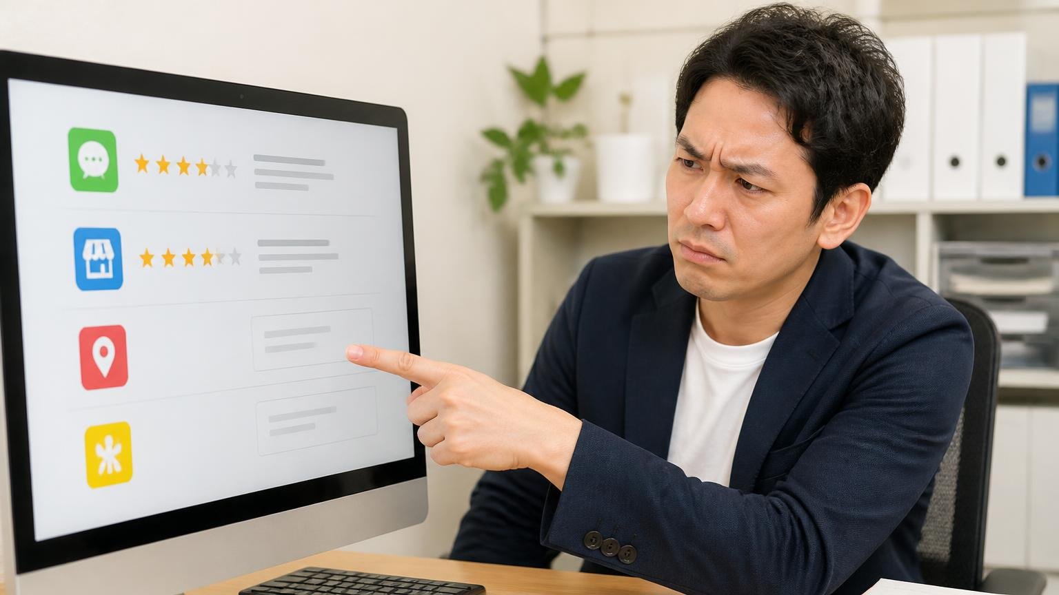 主要4媒体の口コミ掲載状況を確認する場面。事務所のパソコンで口コミサイトの空欄を指さす男性1人が眉をひそめる