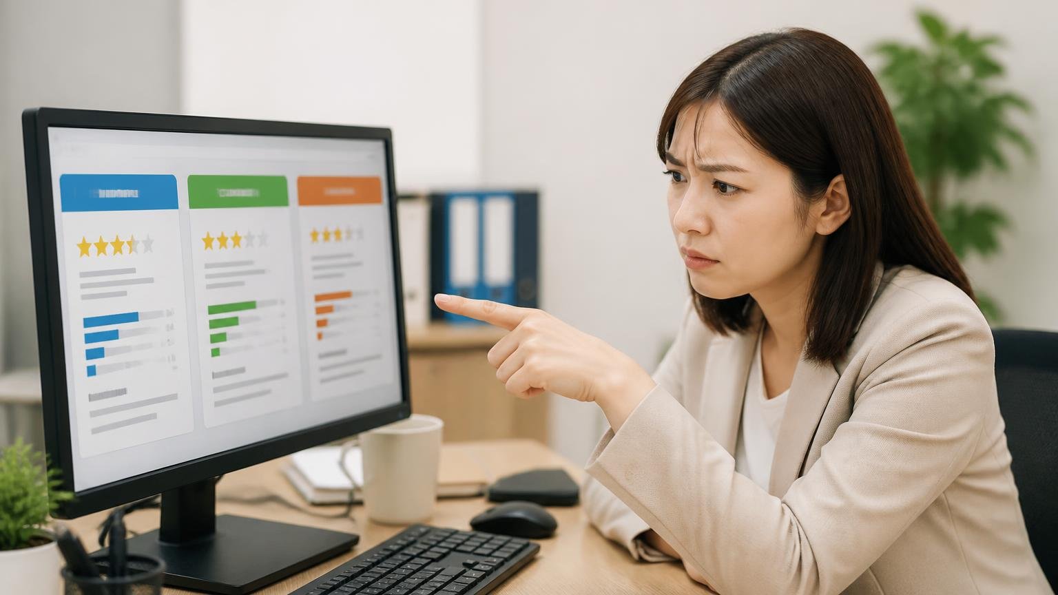 総合評価と3媒体の口コミ件数、事務所のパソコンで3つの口コミサイトを見比べる場面、女性1人、画面を指さして眉をひそめる
