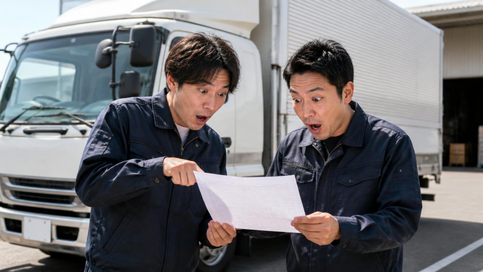 総合評価は比較の1社目。営業所の車庫の4tウイング前で、作業着の男性2人が見積書を見比べて驚く