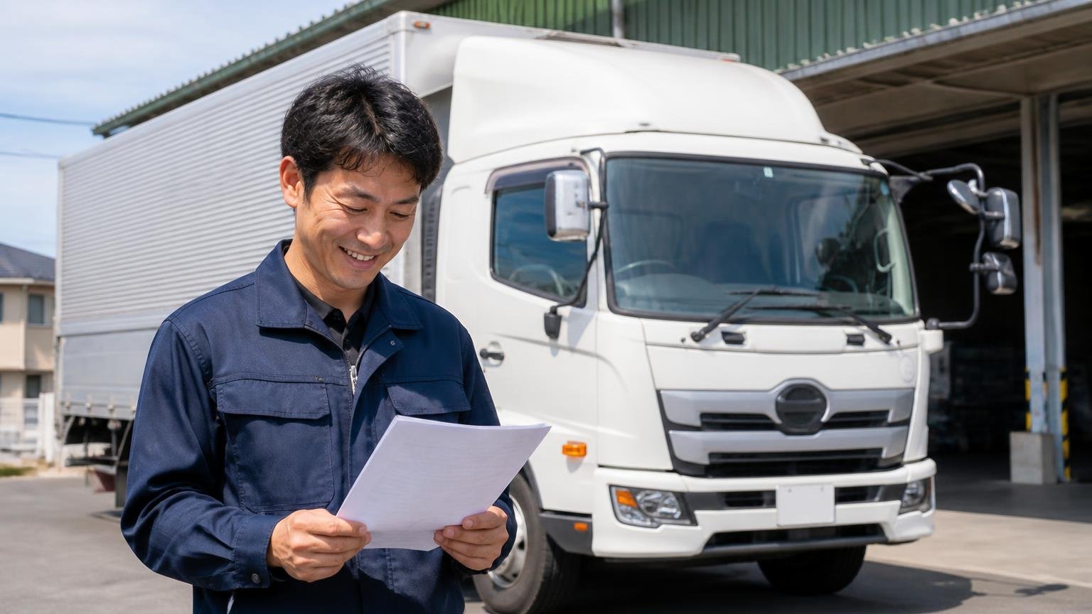 エネトラに向いている人。営業所の車庫に停めた4tウイングの前で男性1人が笑顔で書類を見る