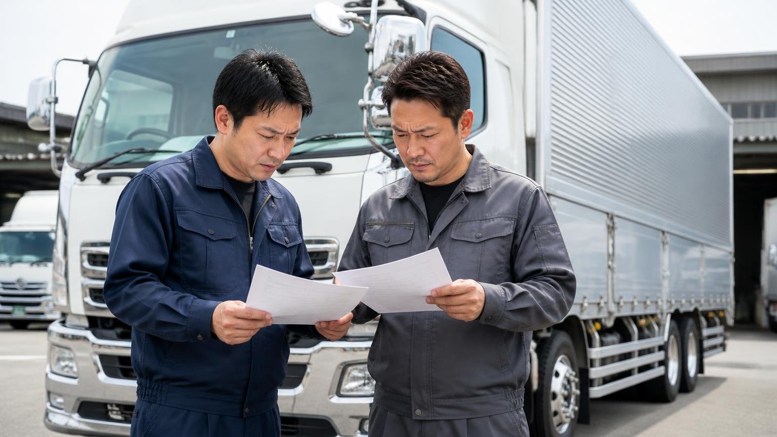 トラック市を選んで満足しやすい人・後悔しやすい人 営業所の車庫に停まった4tウイングの前で書類を見比べる男性2人が真剣な表情