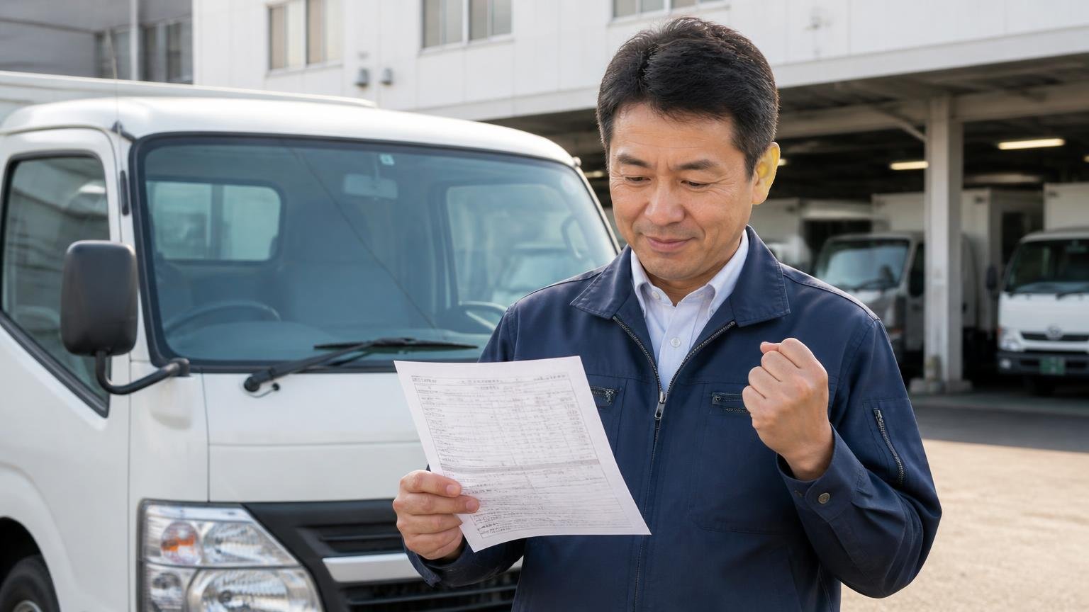 アシーネは比べる相手を用意して使う。営業所の車庫で見積書を手に頷く40代男性1人
