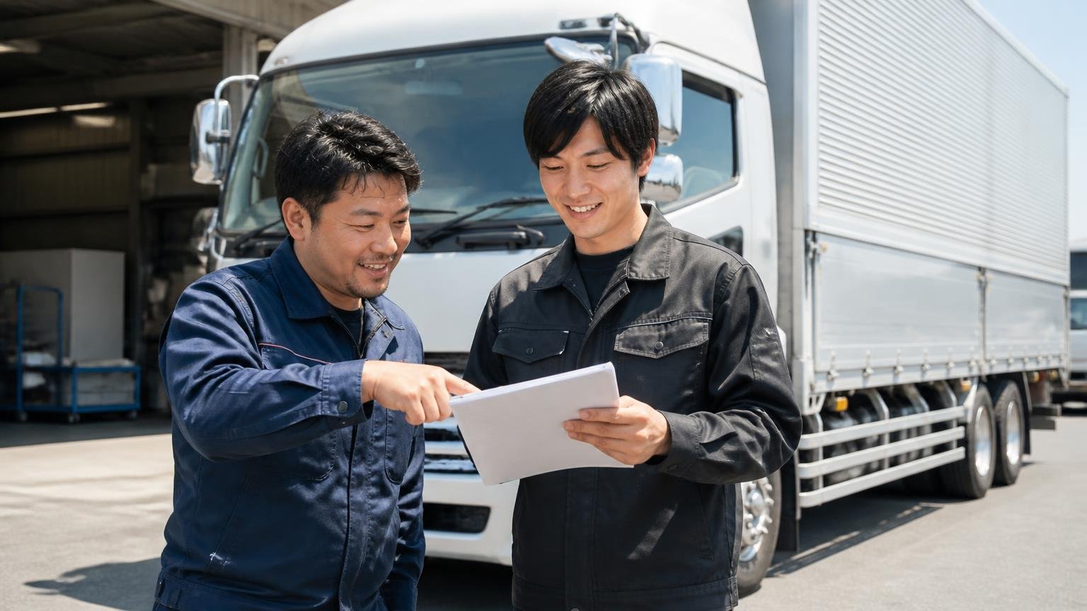 向いている人の条件。営業所の車庫で4tウイングの前に立つ男性2人が笑顔で書類を指さす
