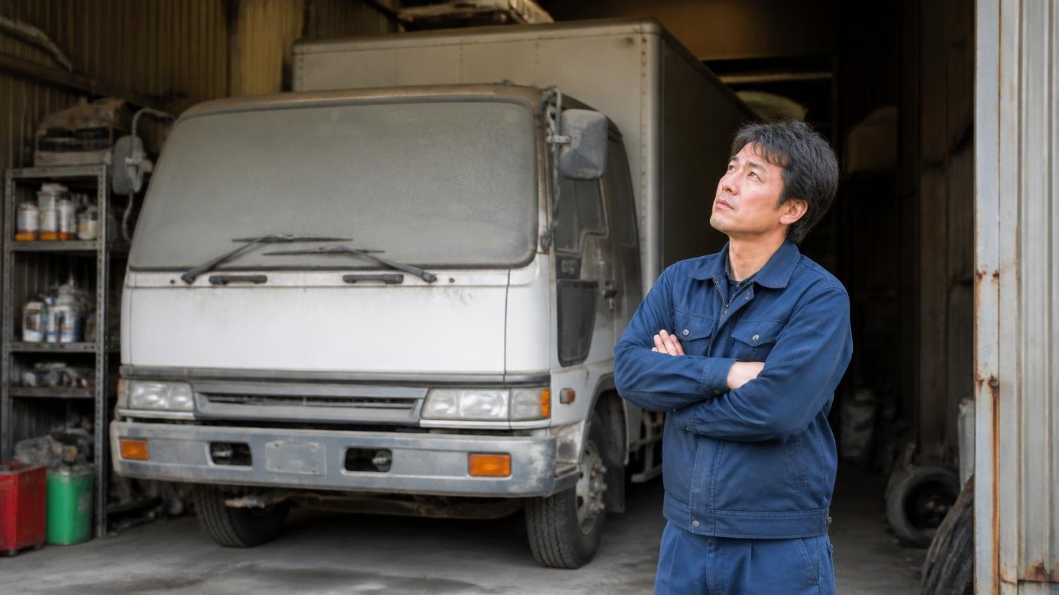 JTPらくだネットが向いている人|車庫の奥に半年置きっぱなしの不動の4tトラックの前で、作業着の男性1人が腕を組んで見上げる