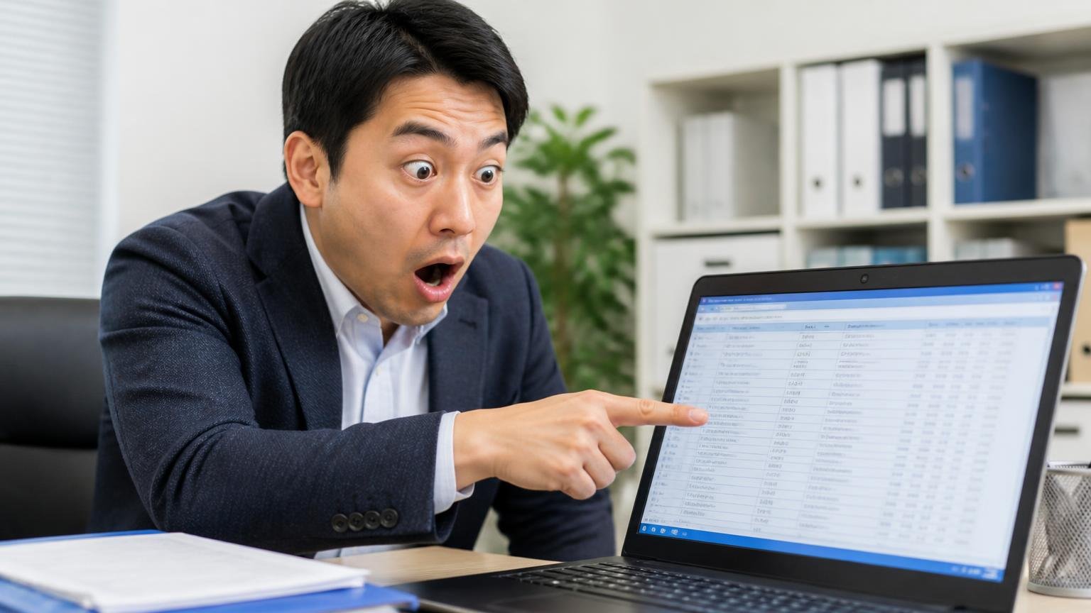 販売店50社のネットワークだと知る場面。事務所でパソコンの会員企業一覧を指さす男性1人が目を見開いて驚く