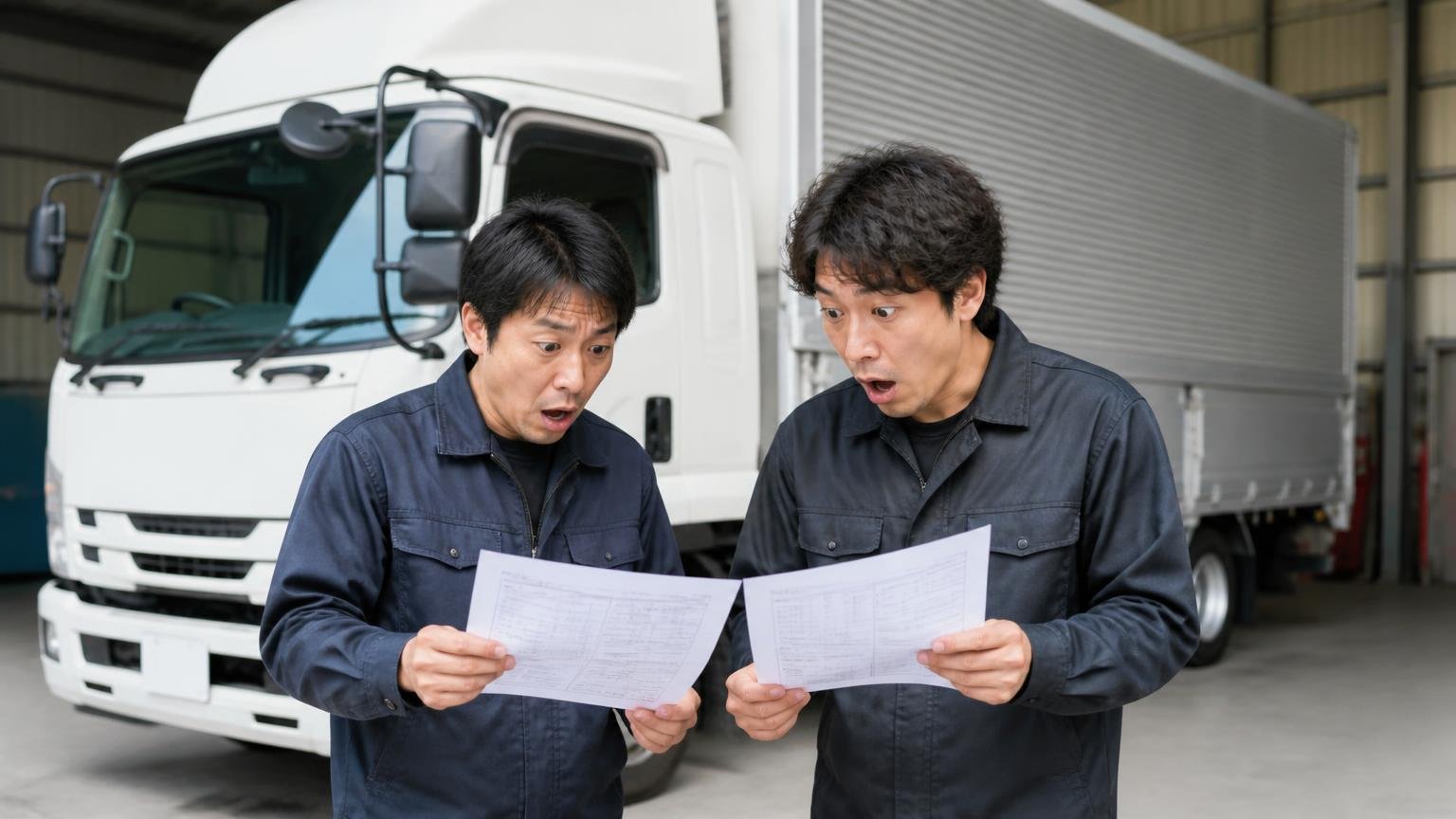 カネタニの総合評価と口コミの限界、車庫に停めた4tウイングの前で見積書を見比べる男性2人が驚く