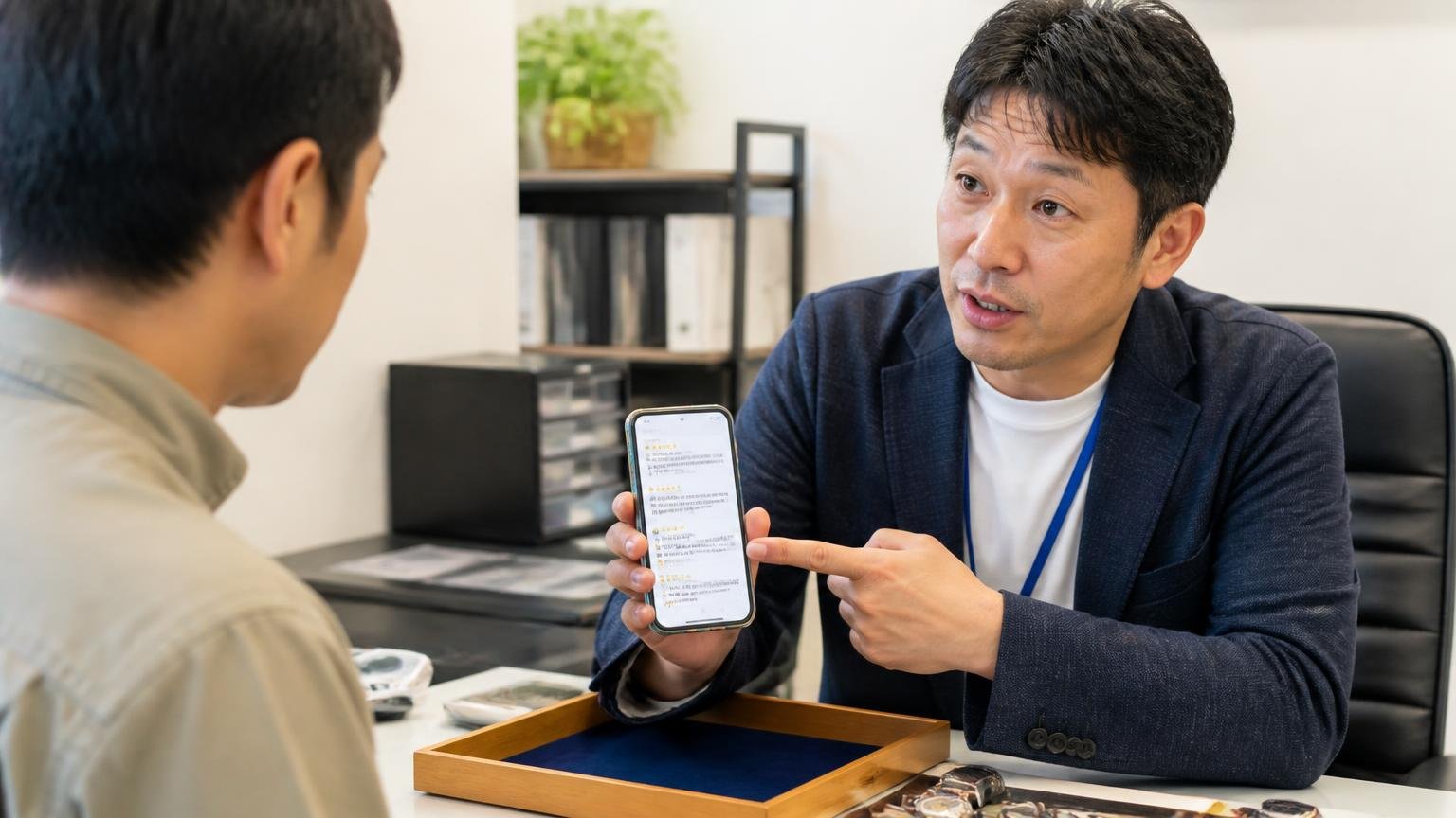 総合評価｜信頼性は確認できた、買取の情報量は確認できなかった。事務所でスマホの口コミ画面を見せながら相談する場面。40代男性の査定担当が指をさして説明