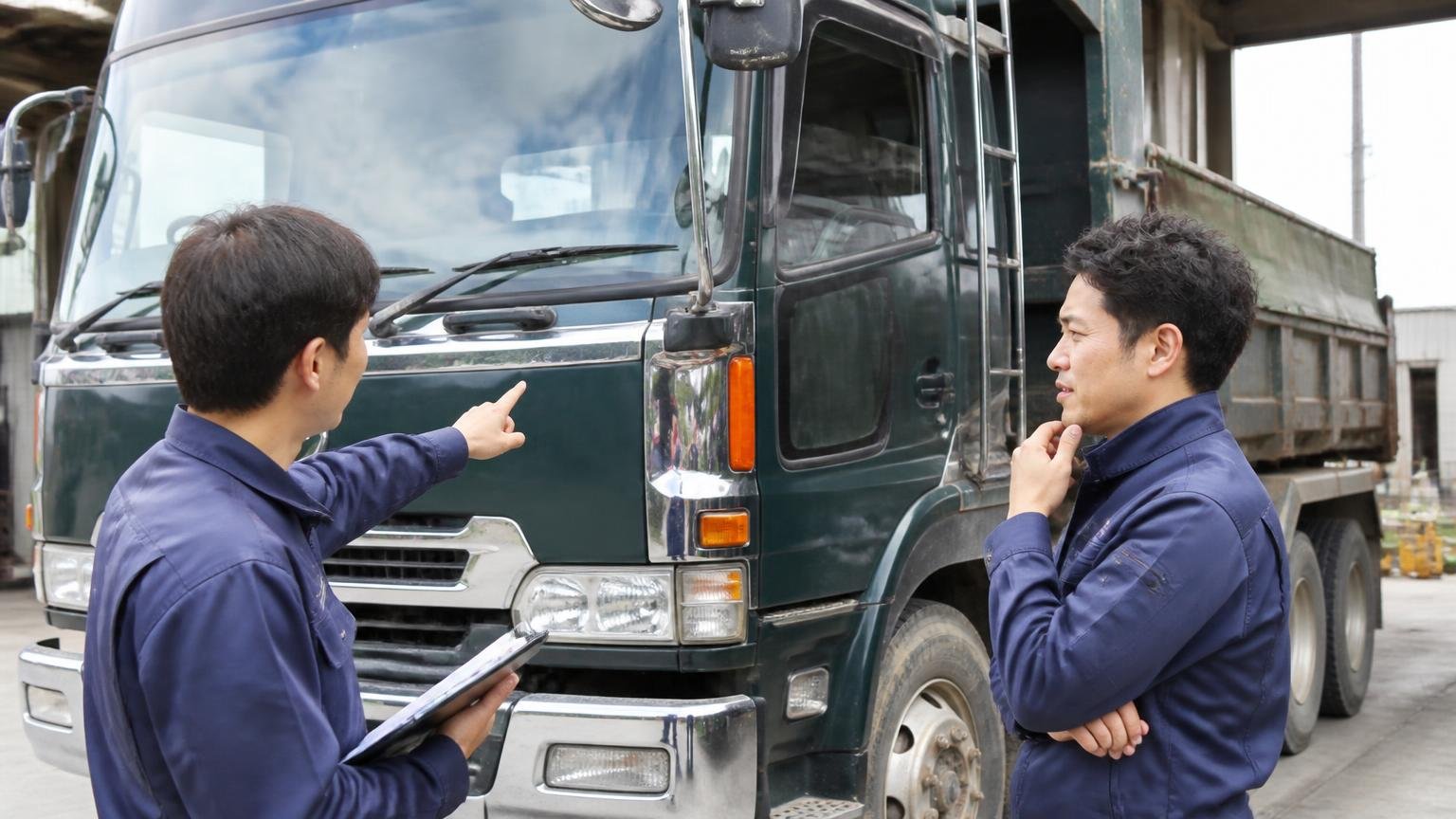 越村商店に向いている人 大阪の営業所の車庫に停まった不動の4tダンプの前で車両の状態を指さして説明する男性2人